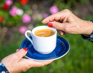 Two hands gently exchange a cup of espresso in a garden setting