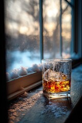 Whiskey glass with ice on snowy windowsill at sunset.