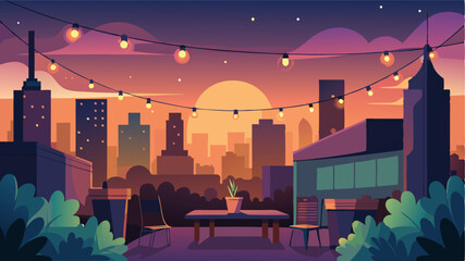 Obraz premium As the sun sets over the city the urban highrise garden comes alive with ling string lights creating a romantic and enchanting ambience.