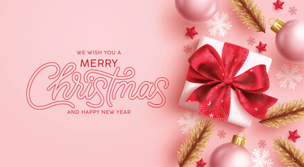 Christmas greeting card clipart banner. Merry Christmas and Happy New year wishes clip art with gif box, gold spruce and snowflakes decoration elements in pink elegant background vector illustration.
