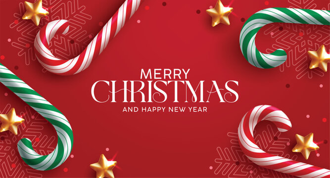 Christmas greeting card red clipart banner. Merry Christmas and Happy New year wishes clip art with candy cane and snowflakes decoration elements in red elegant background vector illustration.