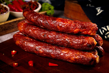 Homemade Sichuan Smoked Spicy Sausages with Red Chili Peppers on Wooden Board - Traditional Chinese Farmers Market Food