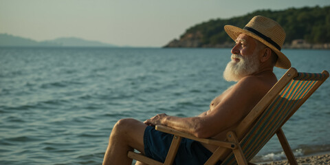 Senior man with a white beard relaxing on a beach chair at sunset. Older person enjoying a seaside vacation. Retirement lifestyle concept.