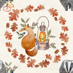 Fox, badger, vintage lantern, oak leaves, acorns, and autumn foliage seamless watercolor pattern on beige background, perfect for fabric prints, children products, stationery, seasonal autumn decor