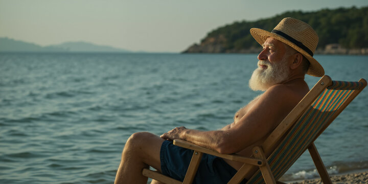 Senior man with a white beard relaxing on a beach chair at sunset. Older person enjoying a seaside vacation. Retirement lifestyle concept. - Powered by Adobe