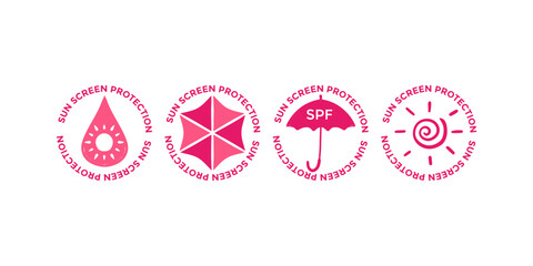Vector UV protection stamp label collection with sun, SPF, and skin care protection icons for branding, packaging design, and medical or cosmetic product safety labeling