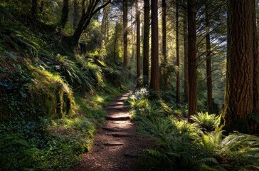 Fototapeta premium Sunlight filters through a path winding through a lush forest with tall trees and vibrant ferns on a sloping hill