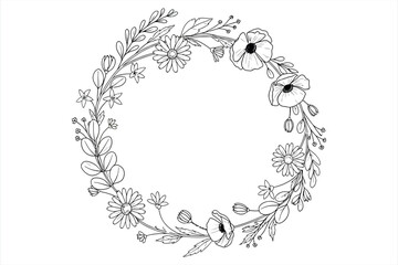 Black and white floral wreath with daisies and poppies outline illustration
