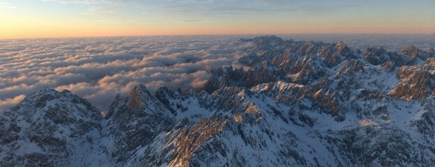 Aerial view showcasing rugged, snow-capped mountains piercing through a sea of clouds at sunset, bathed in the warm hues of the setting sun