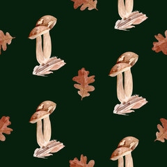 Brown wild mushrooms and oak leaves watercolor seamless pattern on black. Hand-painted design, perfect for kitchen decor, recipe books, packaging, autumn cards, textiles, and nature-themed projects