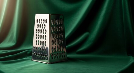 Geometric stainless steel grater displayed over draped emerald velvet