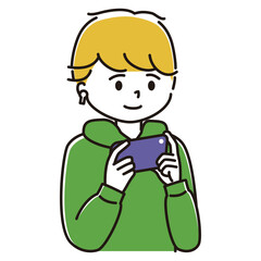 ワイヤレスイヤホンをつけてスマホでゲームをする男性のイラスト