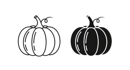 A simple line drawing and a solid silhouette of a pumpkin with a stem and curly vine isolated on transparent background