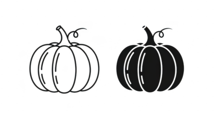 A simple line drawing and a solid silhouette of a pumpkin with a stem and curly vine isolated on transparent background