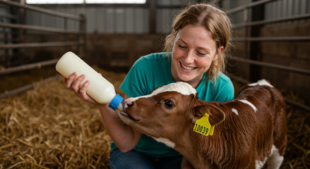 Smiling woman bottle-feeding a young calf in a barn. Farmer caring for livestock on a dairy farm. Agriculture and animal husbandry concept.