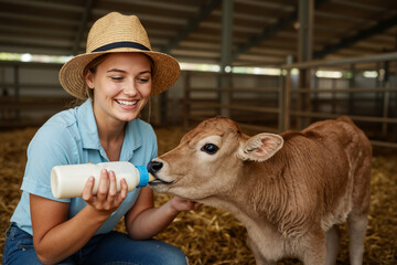 Smiling young farmer woman bottle-feeding a baby calf in a barn. Caring for livestock on a rural agricultural farm. Animal husbandry and farming lifestyle concept.