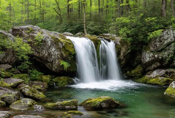 Naklejka premium Scenic waterfall cascades over mossy rocks into a tranquil pool in a lush, verdant forest with vibrant green foliage above