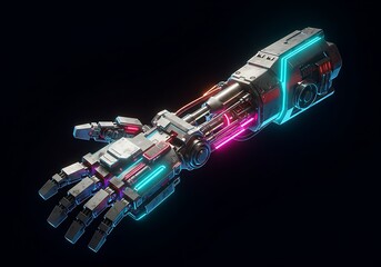 Cybernetic Arm, Neon Lights, Robotic Hand, 3D Render