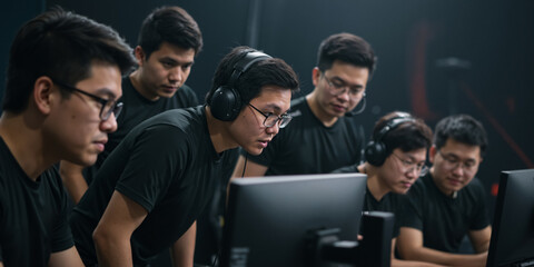 A professional esports team of Asian gamers focused on a computer screen. Players collaborating during a gaming competition or tournament. Teamwork and concentration concept.