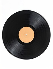 Obraz premium Overhead view of a round black vinyl record, with a beige label in the center, on a stark white background