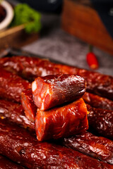 Homemade Smoked Sichuan Sausages - Traditional Spicy Chinese Cured Meat Preparation in Farmhouse Kitchen