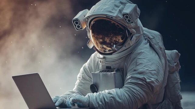 Space rocket launch from laptop screen concept. An astronaut interacts with a computer in a futuristic, space-themed environment.
