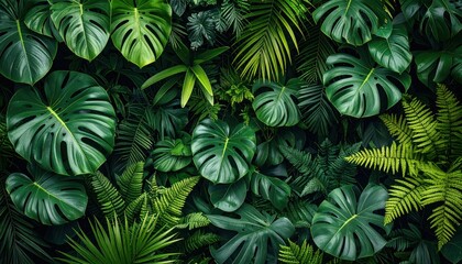 Abundant array of lush green tropical foliage, featuring varied textures and leaf shapes, filling the frame with vibrant natural beauty