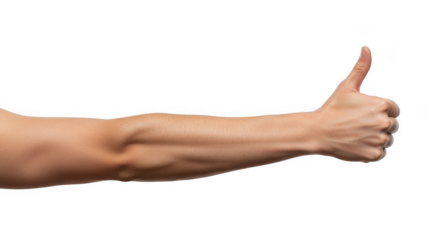 A persons arm extends to the right, giving a thumbs up gesture, isolated on a transparent background