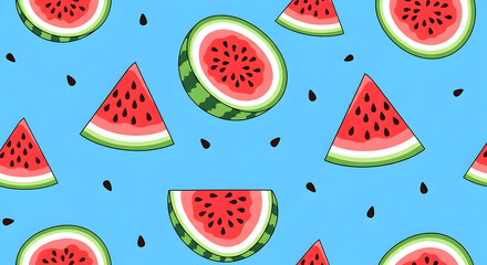 Vibrant illustration of watermelon slices and seeds scattered on a bright blue background, creating a refreshing pattern.