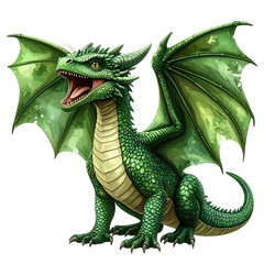 Obraz premium Majestic Green Dragon Isolated On White Background: A detailed illustration of a vibrant green dragon, with open mouth and spread wings, a symbol of power, fantasy, and wonder. 
