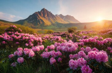 Obraz premium A scenic landscape showcasing pink rhododendrons in a field with a majestic, pointed mountain range in the background at sunset