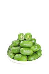 Fresh Mini Kiwi Fruits in White Plate on Clean Background - Small Green Tropical Fruit Display