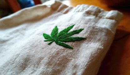 Close-up of cream-colored fabric with embroidered green cannabis leaf
