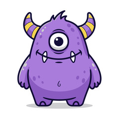 Fototapeta premium A cute, chubby purple cyclops monster with yellow striped horns and a friendly, fanged smile.