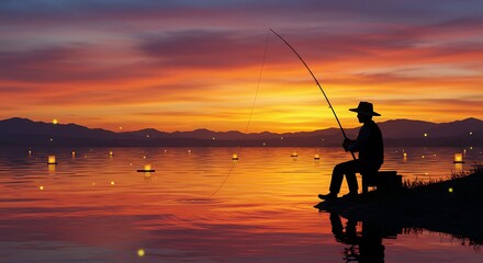 Fisherman waiting patiently with rod under glowing sunset sky