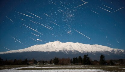 Snowy mountain range under a night sky filled with shooting stars