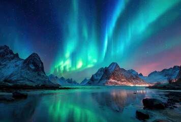 Naklejka premium A tranquil landscape with snow-dusted mountains reflecting in water beneath a vibrant display of green and blue aurora borealis overhead