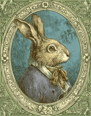 Oval framed portrait of a rabbit in period attire