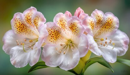 Obraz premium Close-up of three pale pink azaleas with speckled gold centers against a blurred green-brown background