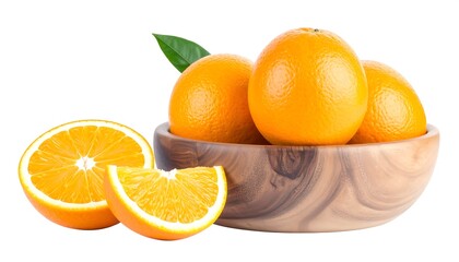 Fresh oranges in a wooden bowl