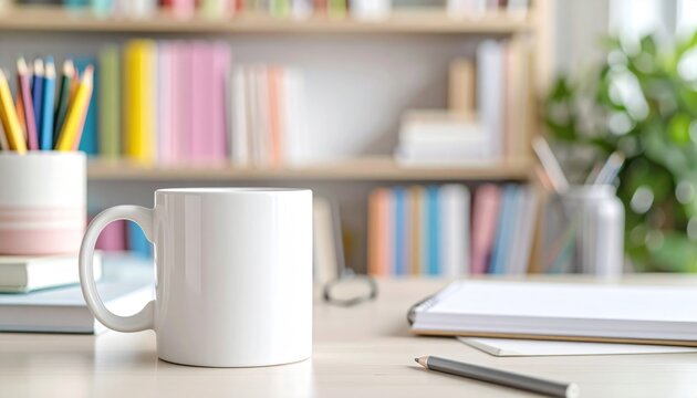 A bright desktop features a white mug, books, and pencils against a blurred bookshelf and green plants background creating a cozy workspace - Powered by Adobe