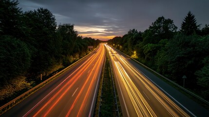 Night highway traffic light trails scenic view