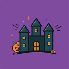 Purple halloween haunted house with pumpkins and sparkles, perfect for halloweenthemed designs, party invitations, social media posts, and decorations.