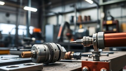 Close-up of precision tools in an industrial workshop, showcasing detailed craftsmanship under focused lighting.