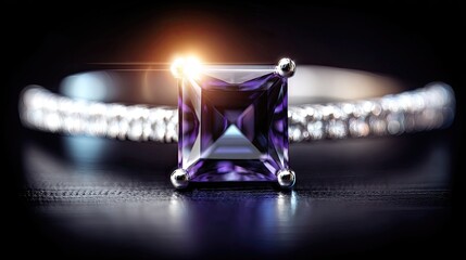 Close-up of a square amethyst ring set with diamonds