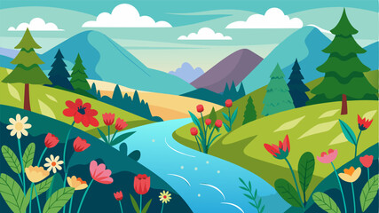 Naklejka premium A tranquil riverbank adorned with a diverse display of wildflowers each one more enchanting than the last.