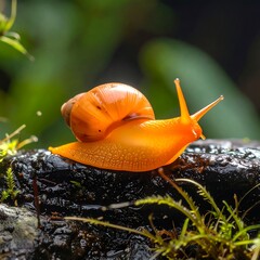 Close-up of an orange snail on dark rock