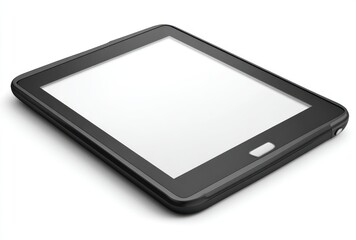 A black, rectangular tablet with a blank white screen, is positioned at an angle on a white surface, casting a soft shadow