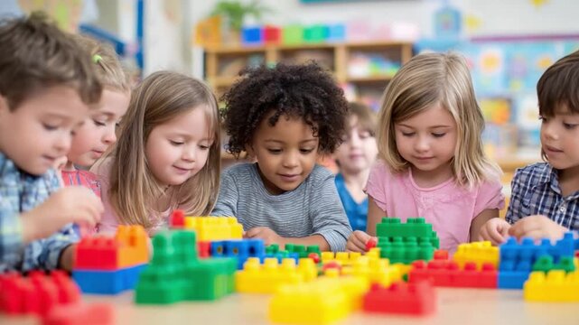 Building Blocks of Education: A diverse group of children engage in playful learning, their focused attention on colorful blocks.