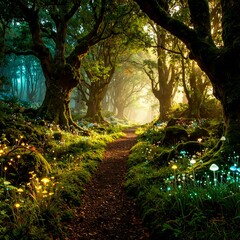 Sunlight path through mystical forest. Lush, glowing flora, ancient trees